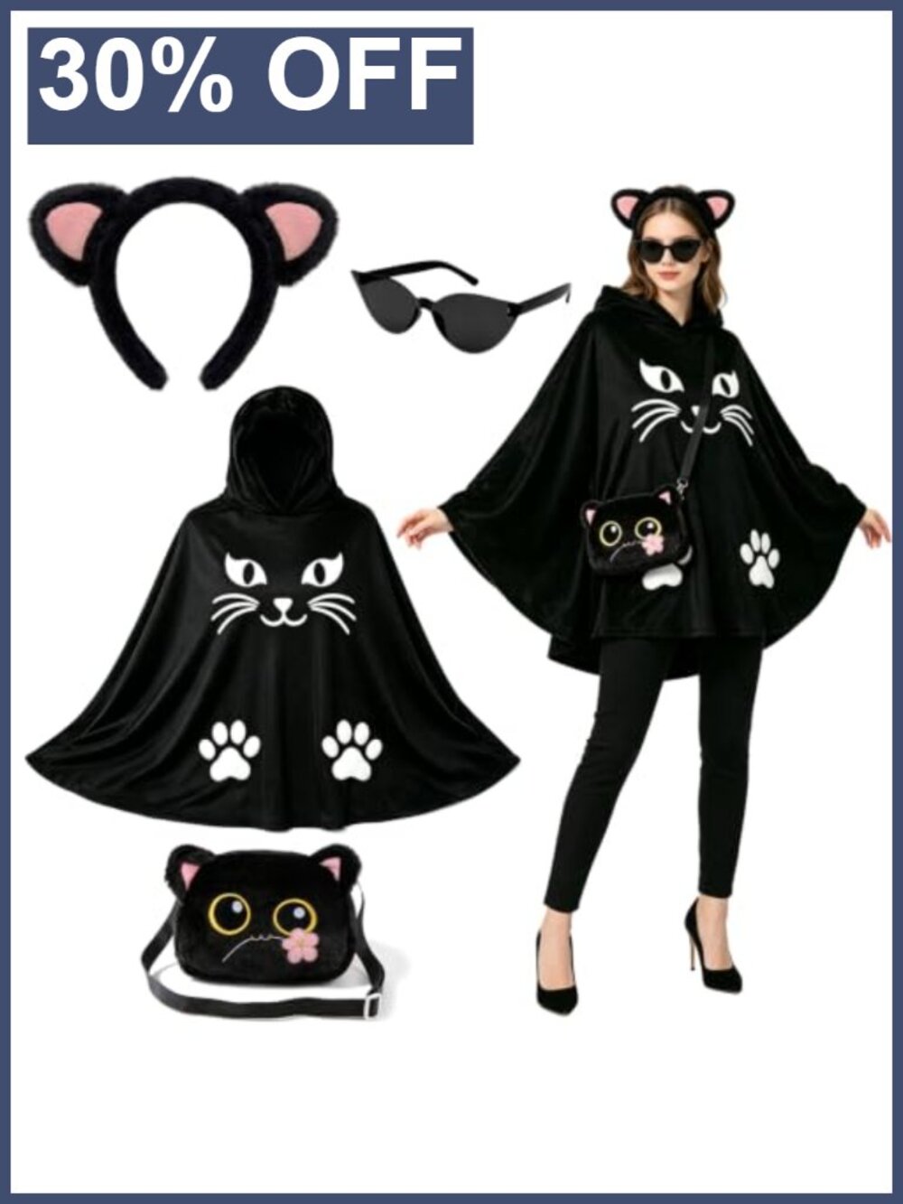 Black Cat Halloween Costume Set with Headband Cape Bag Sunglasses